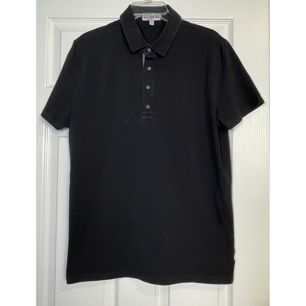 Express Stretch Polo Shirt Mens Large Black Short Sleeve 4-Button Placket Cotton